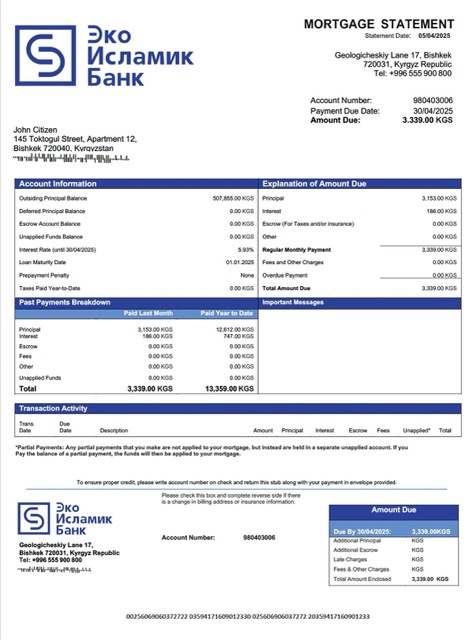 Download Kyrgyzstan EcoIslamicBank mortgage statement Word and PDF template Photoshop template